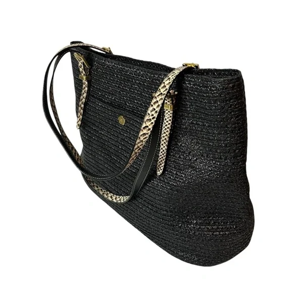 Eric Javitz women’s black straw tote bag with leather handles - Picture 4 of 7